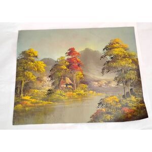 Vintage Oil Painting Autumn Landscape, Cottage, Lake, Mountains 15x11¾ Inches